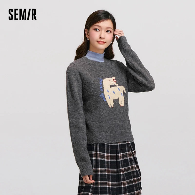 Semir Sweater Women Jacquard Cute Fun Trendy 2024 Winter New Round Neck Shoulder-Fitting Sweater Sweet Cool Pullover Sweater