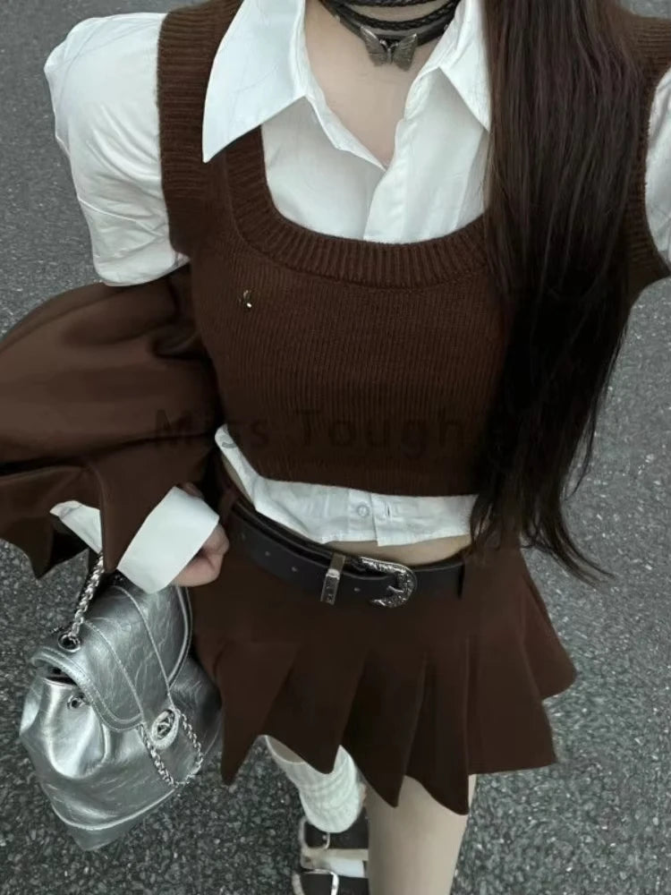 Fashion Vintage Loose Knit 4 Pieces Set Women Design Elegant Solid Lapel Long Sleeve Tops Female + High Waist Ruffle Short Skirt