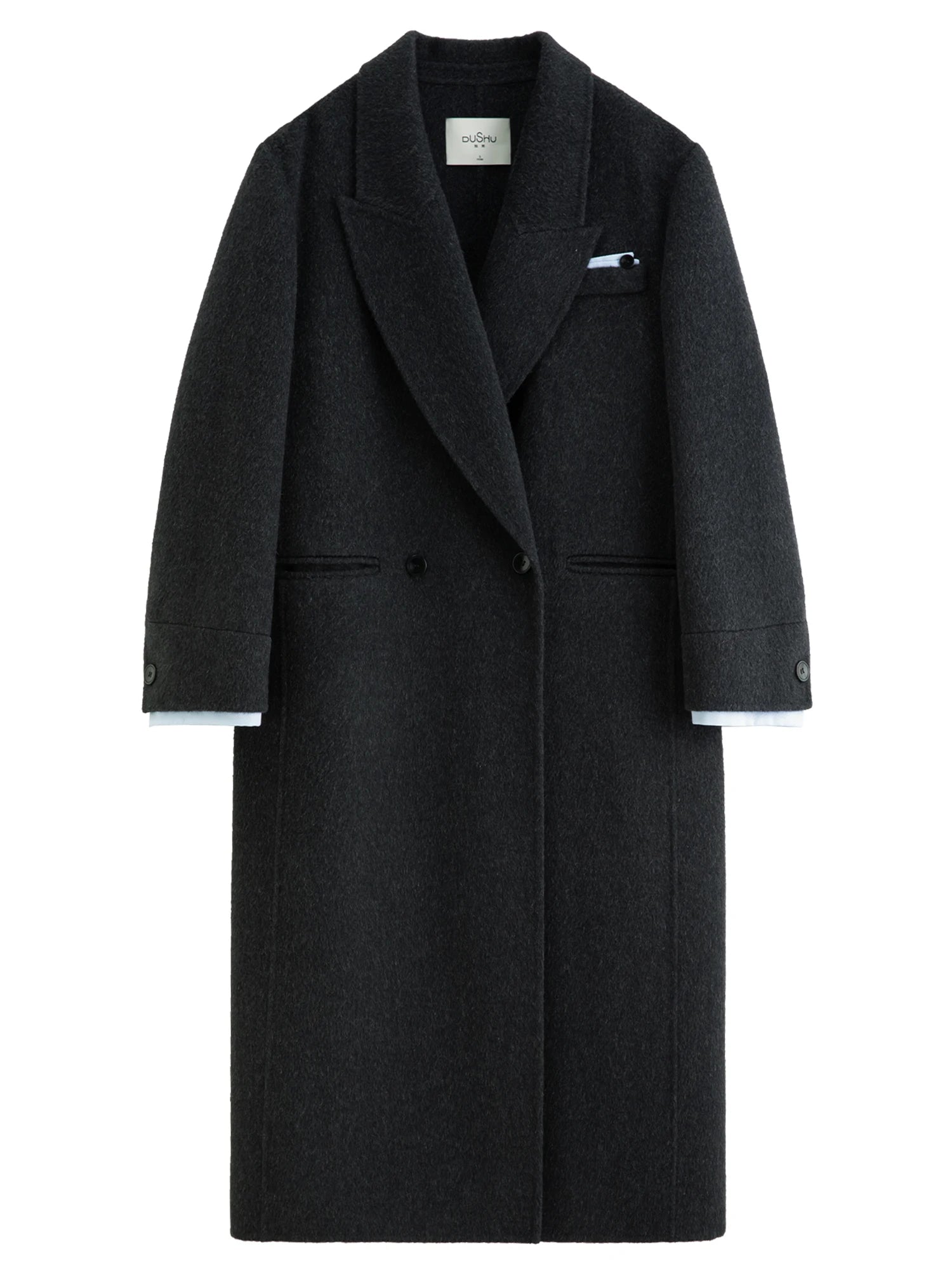 Temperament Turn Down Collar Long Woolen Coat Straight Shoulder Pure Wool Coat European Style Commuting Elegant