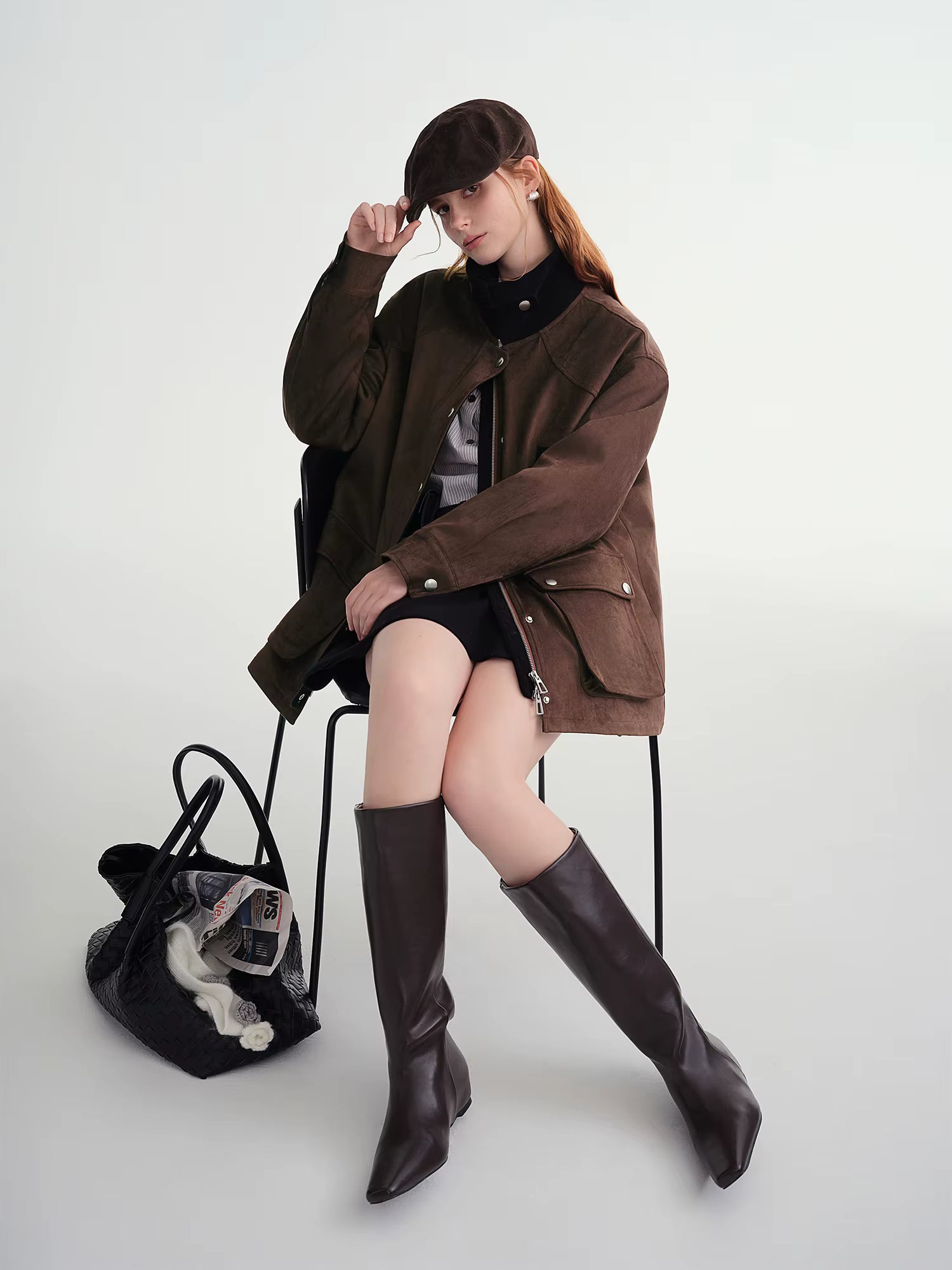 Contrast Color Cropped Jacket Turn Down Collar Loose Autumn and Winter Jacket British Style Retro Coffee Chic