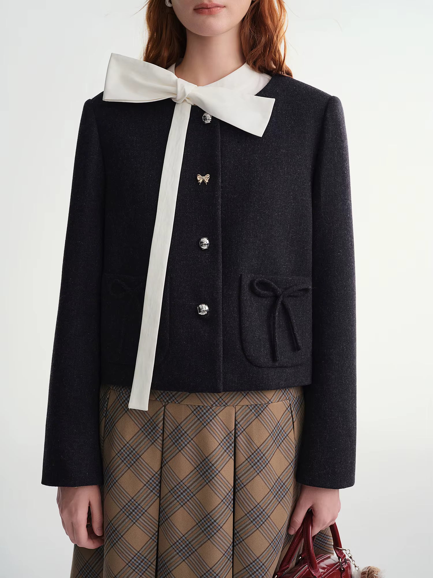Women's Black Wool Short Blazer With Bow Detail Structured Shoulder Slimming Cropped Jacket Top Elegant Boutique Style