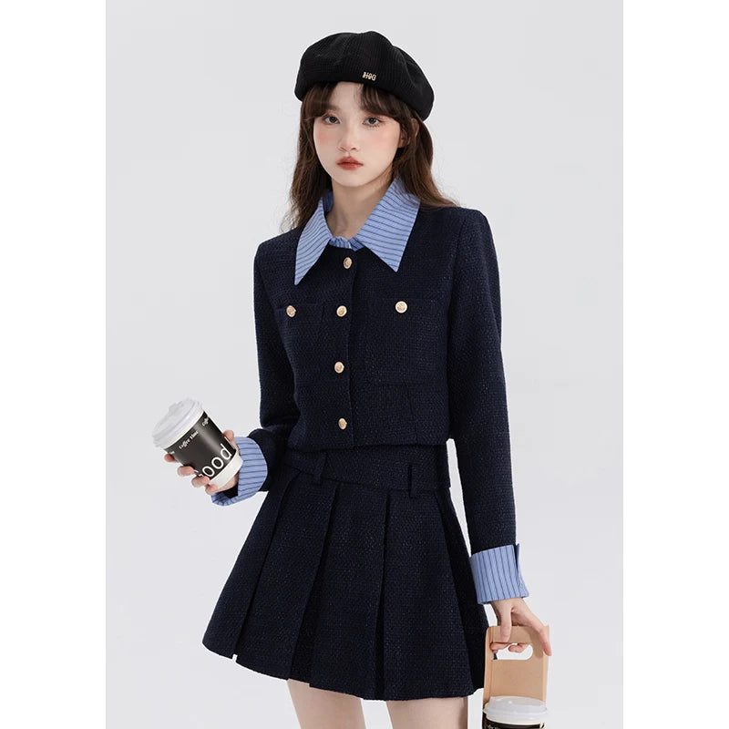 High Sense Elegnat Women's Suit Jacket 2024 Spring and Autumn Color Matching Socialite Coat Top Short A-line Skirt Two-piece Set