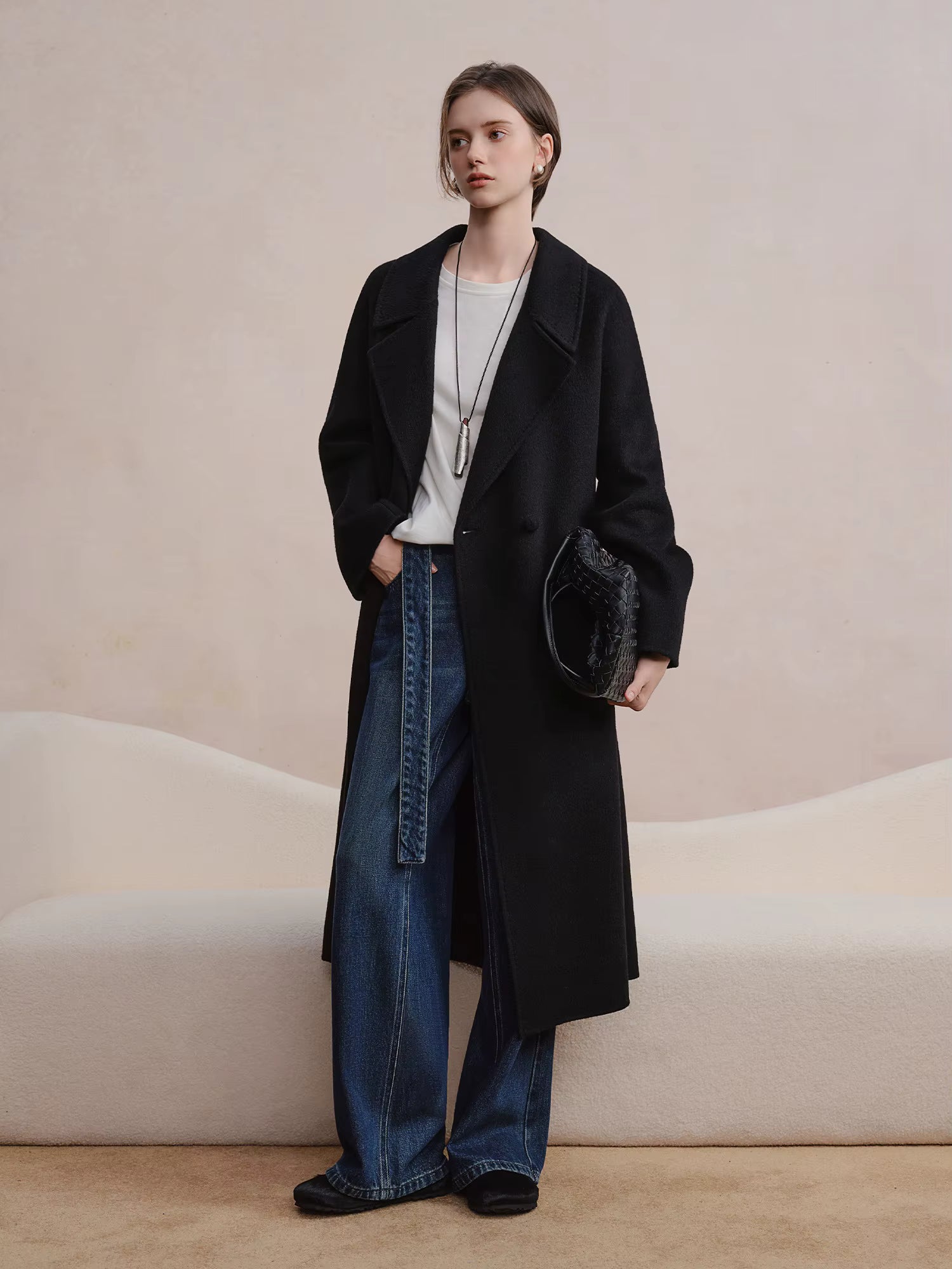 Double-breasted Cashmere Wool Coat Elegant Ladies Women Commuting Simple Temperament Mid-calf Length British Style