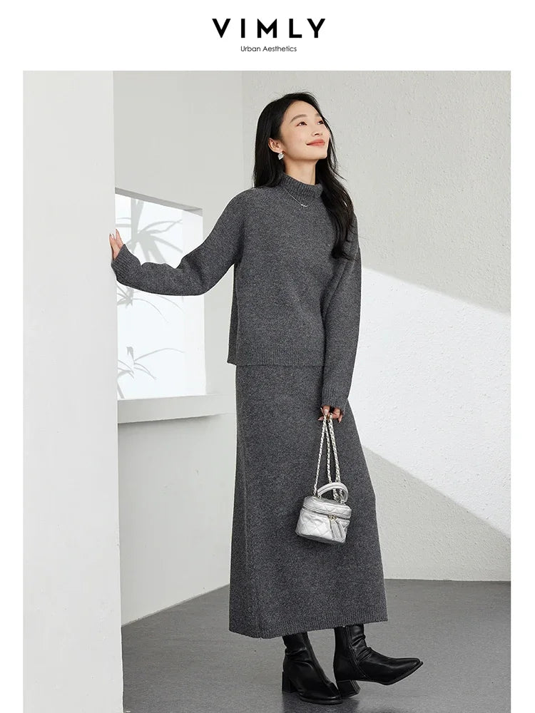 VIMLY Office Lady Knitted Set for Women's Autumn Winter Casual Pullover Knitted Sweater Top Skirt Sets Simple Thick Warm Sets