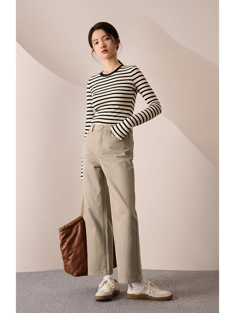 ZIQIAO Casual Style Retro Straight Wide-leg Jeans for Women 2023 New Autumn High Waist 100% Cotton Thin Nine-point Pants Female