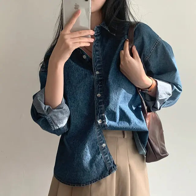 Women's Denim Shirt Korean Sle Early Spring Outfit Vintage Collar Loose Design Casual Shirt Long Sleeve Polo Collar Pure Color