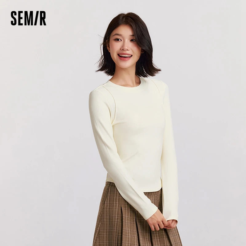 Semir Long Sleeve T-Shirt Women Round Neck Tight Subtle Design 2024 New Winter Moisture-Wicking Frayed Long Sleeve T-Shirt