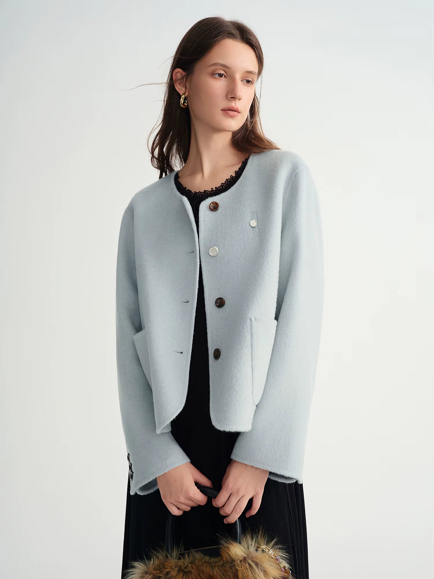 Sweet Yellow Round Neck Short Wool Woolen Coat Straight Cropped Coat Winter Simple Korean Style Girlish