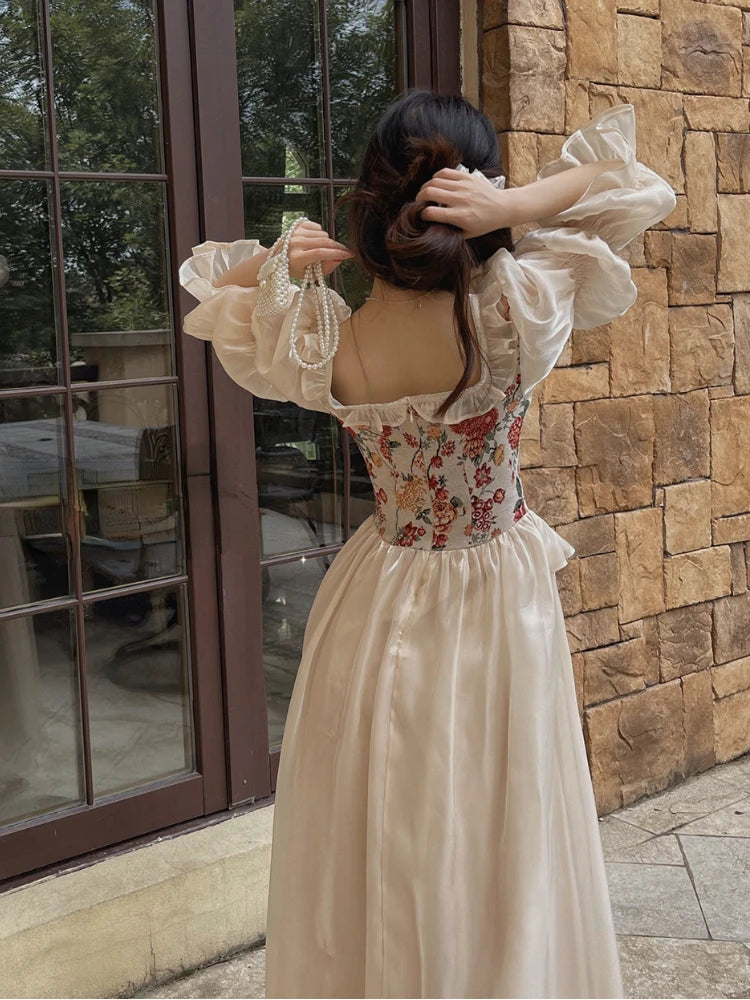 Vintage Elegant Print Floral Puff Sleeve Midi Dress