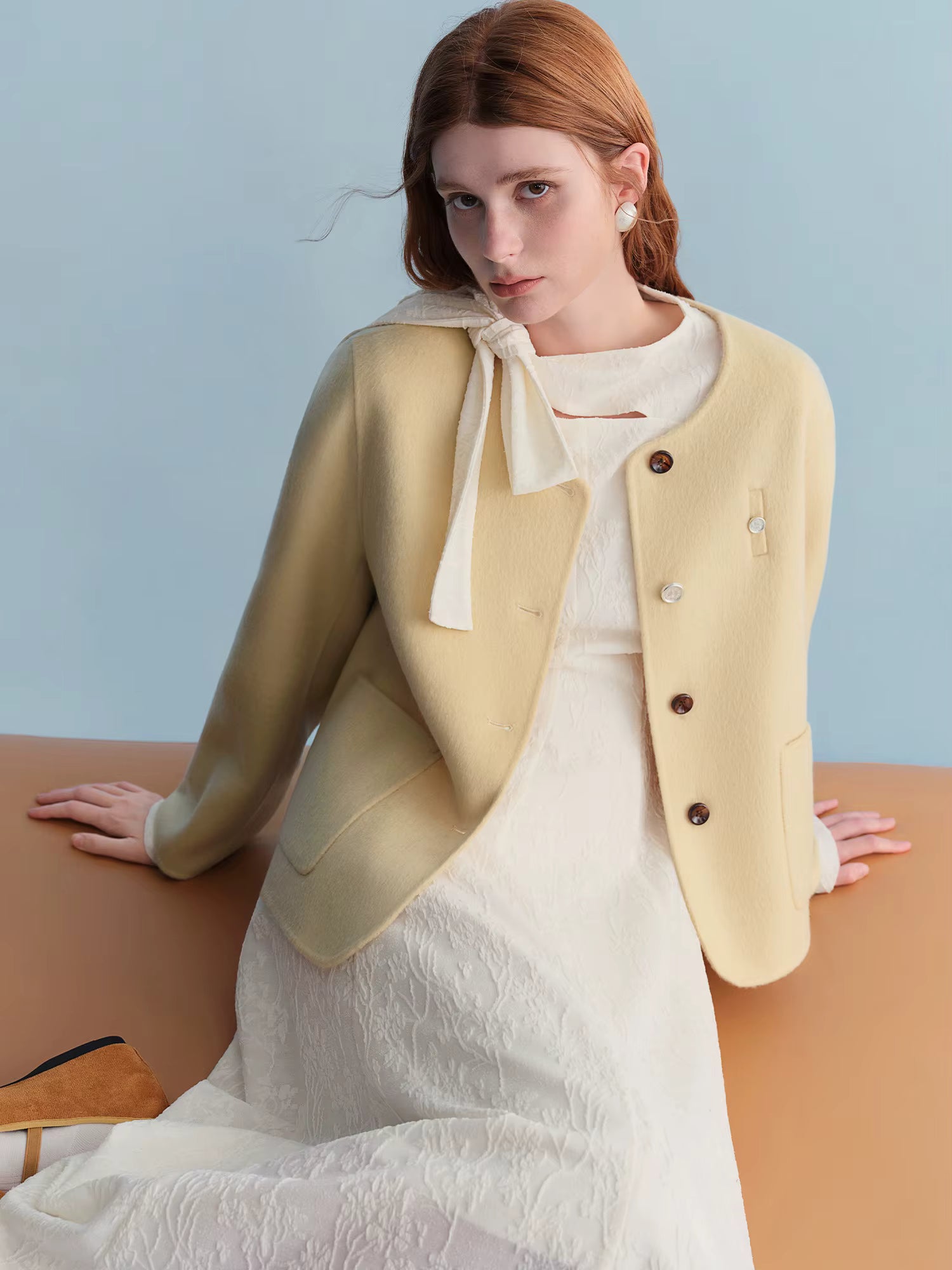 Sweet Yellow Round Neck Short Wool Woolen Coat Straight Cropped Coat Winter Simple Korean Style Girlish