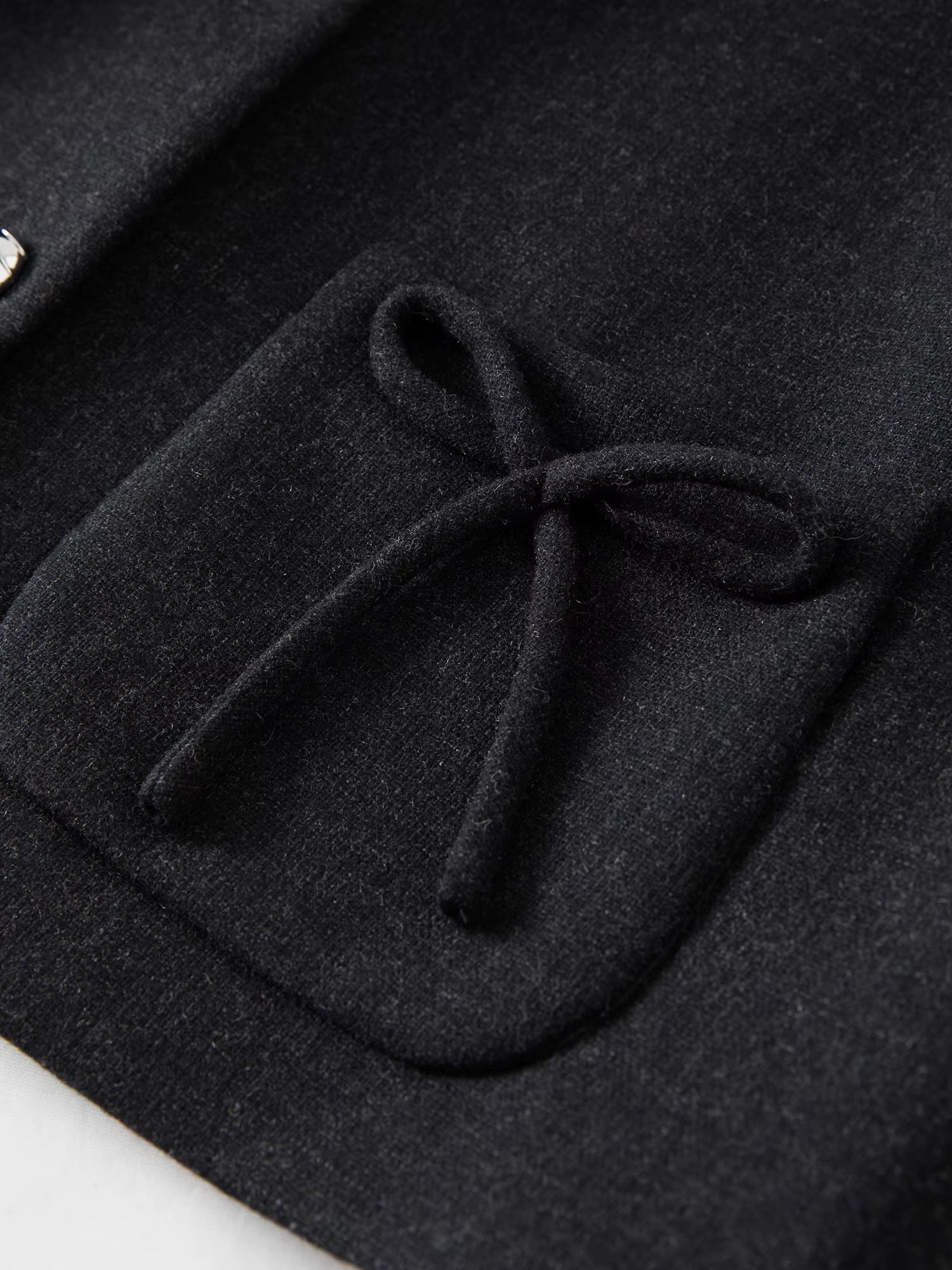 Women's Black Wool Short Blazer With Bow Detail Structured Shoulder Slimming Cropped Jacket Top Elegant Boutique Style
