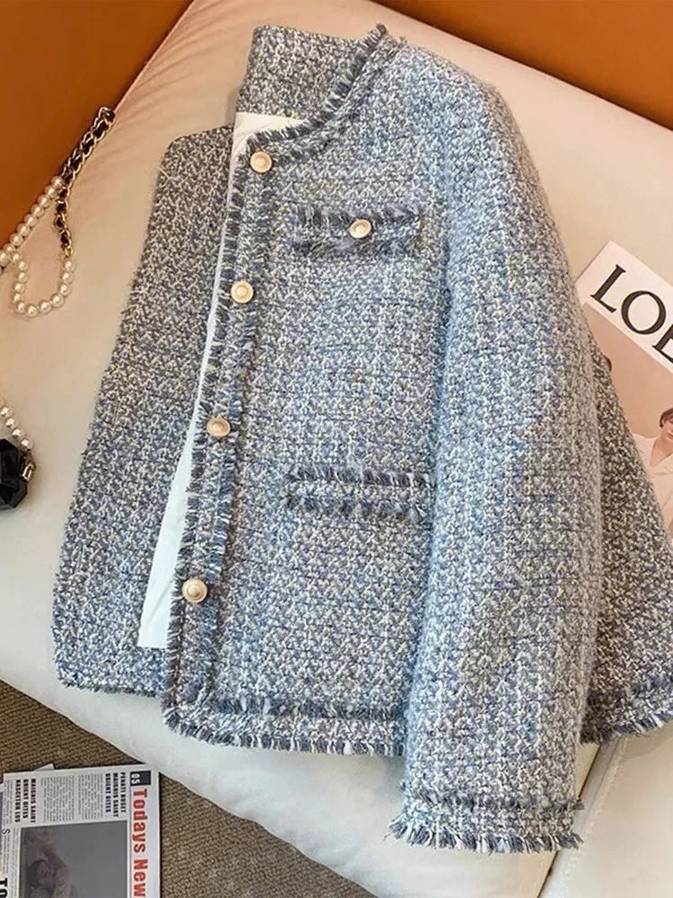 Spring Autumn New Chic Tweed Jacket Women's Outwear Korean Drama Wears Loose Single-Breasted Sweet Woolen Coat Tops