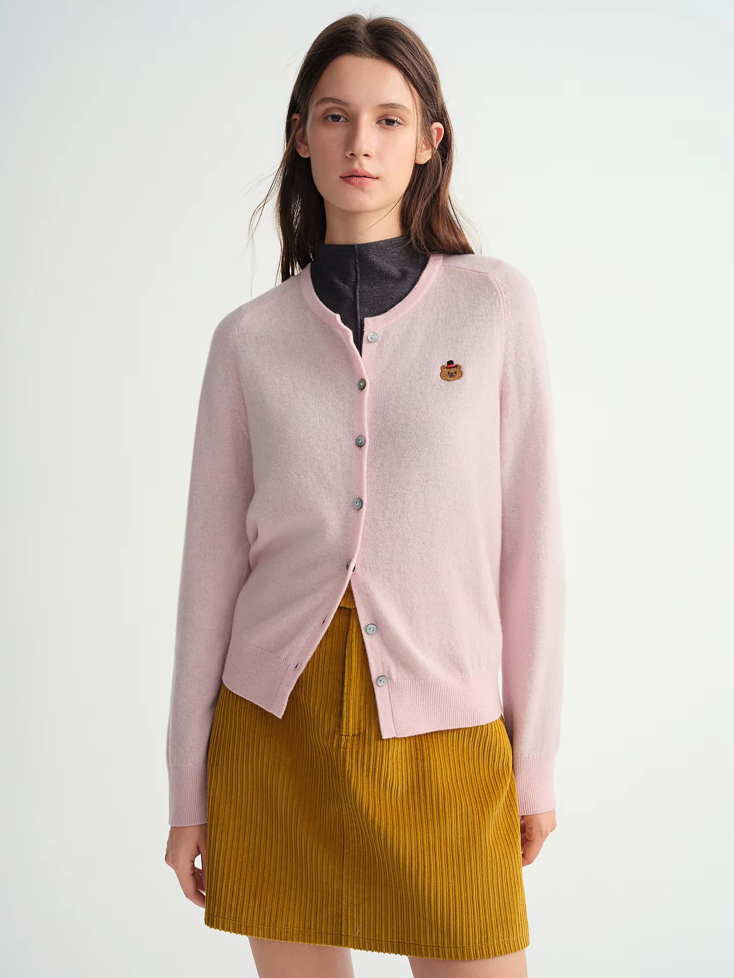 Cute Animal Pattern Embroidery Round Neck 100% Wool Slightly Oversized Knit Cardigan Long Sleeve Top