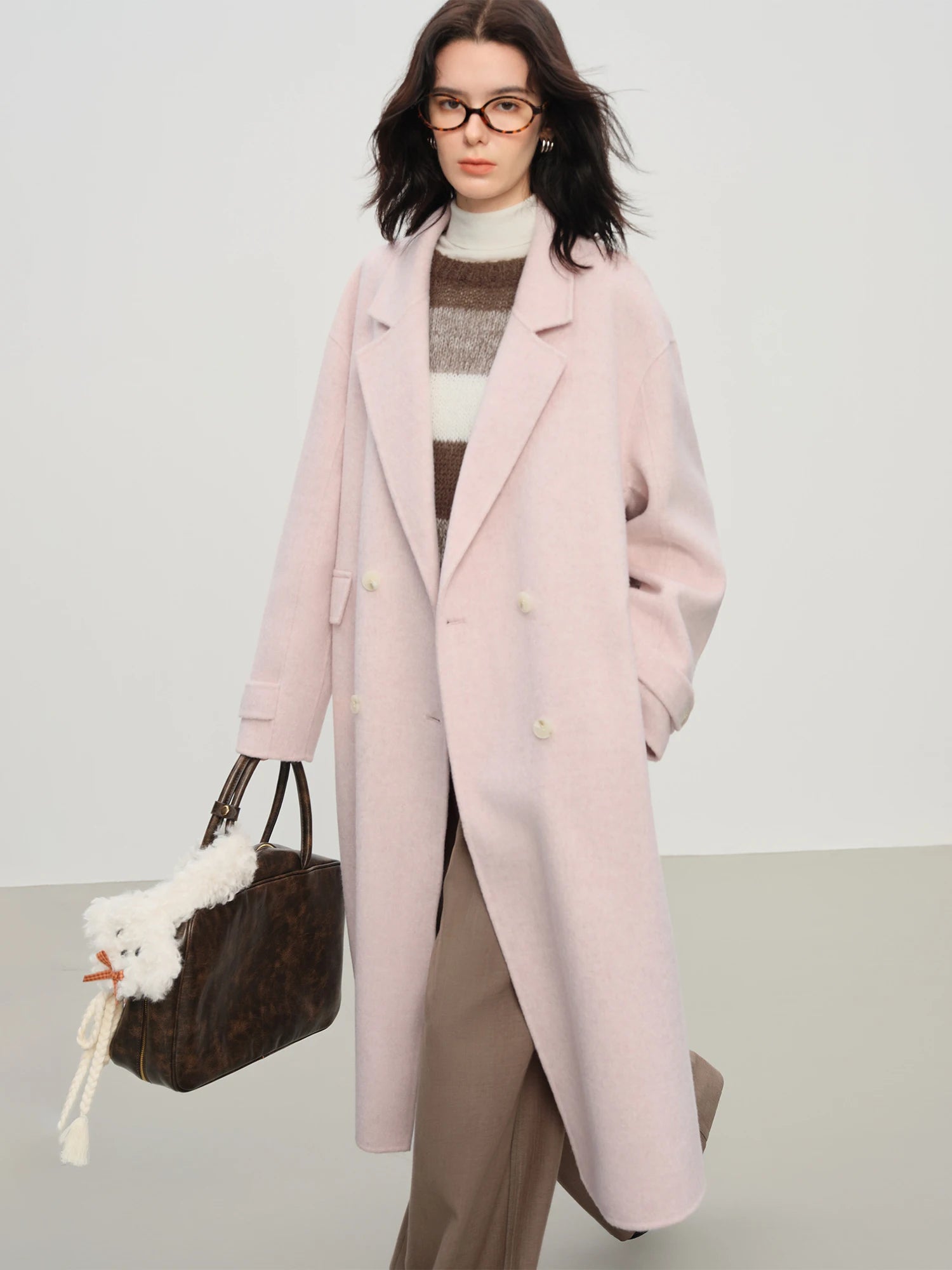 Women's Pure Wool Double Breasted Coat - Classic Mid-Length Winter Trench Warm Elegant Overcoat
