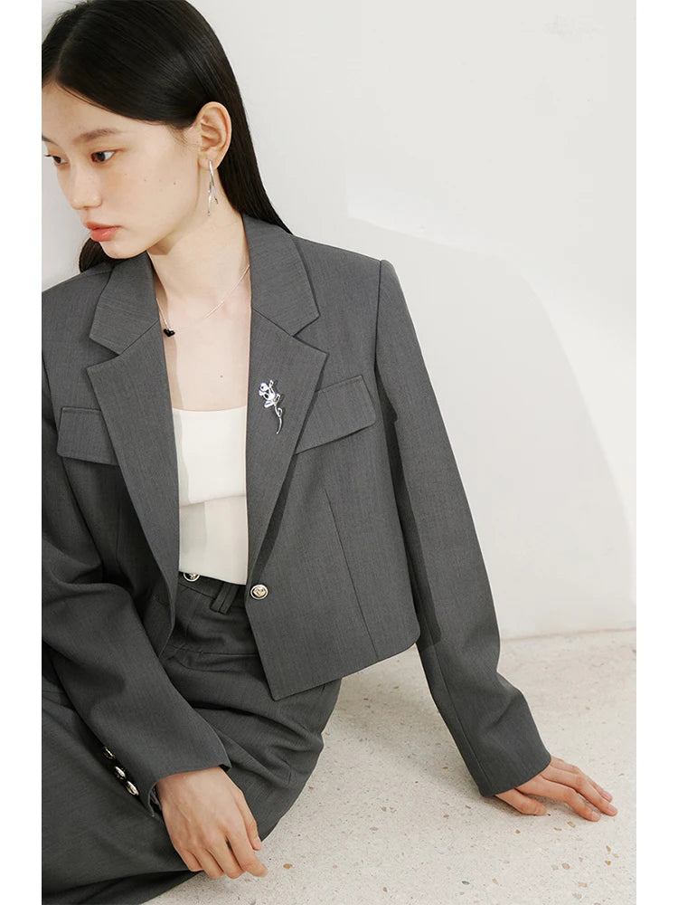 ZIQIAO Temperament One-button Brooch Short Suit for Women Spring Chic Commuter Straight Long Skirt + Short Blazer Jacket Female