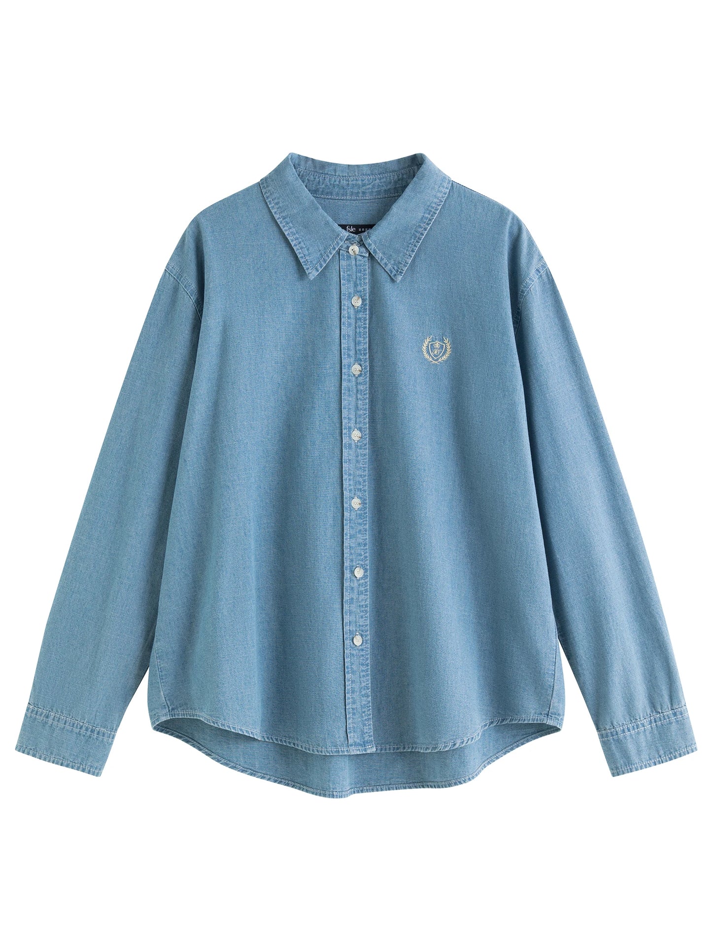 FSLE Women Long Sleeve Denim Blouse Embroidery Female Drop Sleeve Casual Cotton Shirts Light Denim Blue Shirt Top 24FS14486
