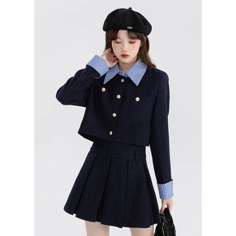 High Sense Elegnat Women's Suit Jacket 2024 Spring and Autumn Color Matching Socialite Coat Top Short A-line Skirt Two-piece Set