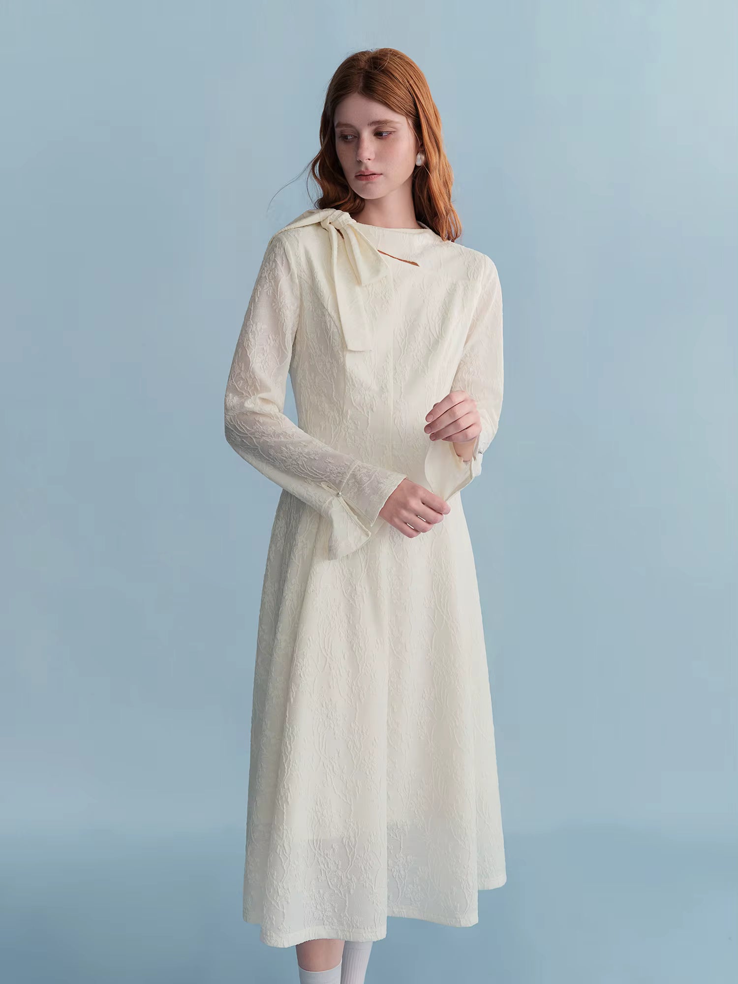 Embossed Textured Ribbon Beige Dress Women Plump Temperament Mid-calf French Style Long Sleeve Elegant Commuting Solid