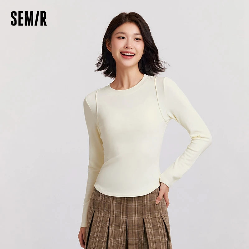 Semir Long Sleeve T-Shirt Women Round Neck Tight Subtle Design 2024 New Winter Moisture-Wicking Frayed Long Sleeve T-Shirt