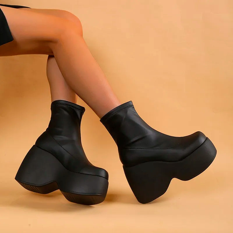 Brand New Design Women's Mid Calf Boots Platform Wedges High Heels Gothic Punk Shoes Autumn Ladies Fashion Plus Size Long Boots