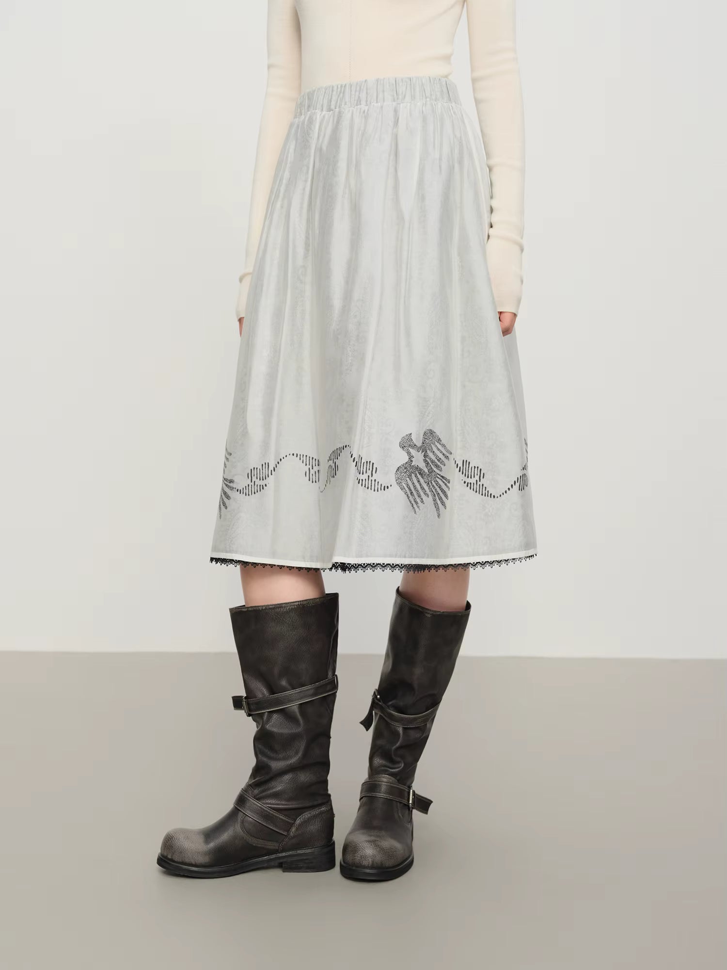 【Premium Series】Commuter Double-layer A-line Skirt Winter New Skirt Retro Print Elastic Waist Solid Ins Elegant Ladies