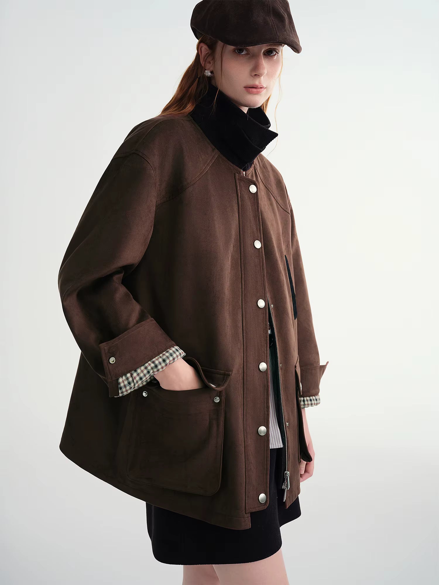 Contrast Color Cropped Jacket Turn Down Collar Loose Autumn and Winter Jacket British Style Retro Coffee Chic