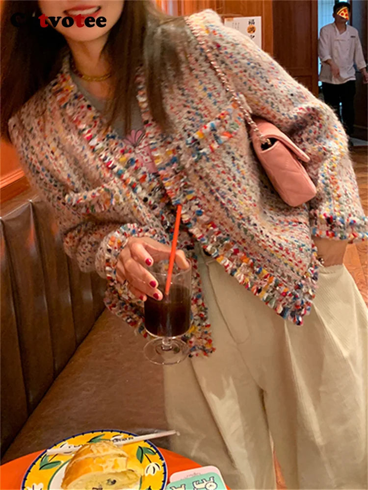 Cotvotee Rainbow Wool Coat Women 2024 Spring Autumn New Fashion Long Sleeve Jackets Vintage V Neck Open Stitch Casual Chic Coats