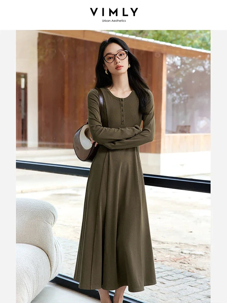 VIMLY Women's Simple Elegant Dress Autumn Semi Open Neck Waisted Pullover Knit Long Dress Casual Office Lady Versatile Dress