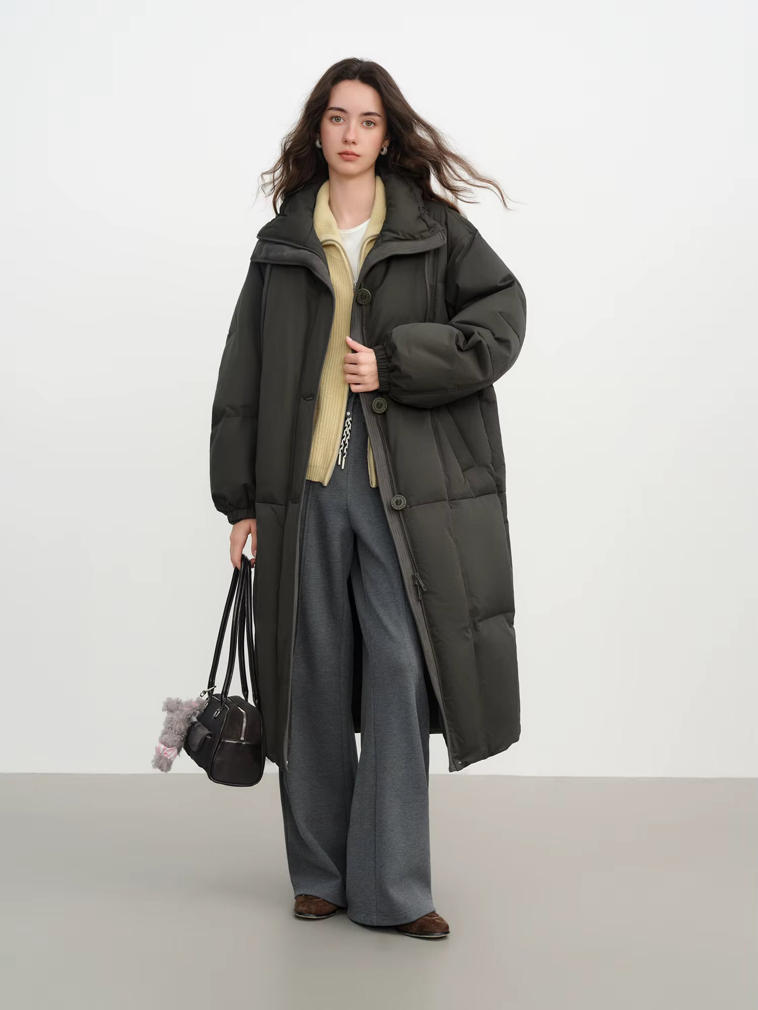 Winter Women Mid-Length Puffer Downcoat with Stand Collar Korean Style Slouchy Down Jacket Loose Fit Warm Soft Outerwear