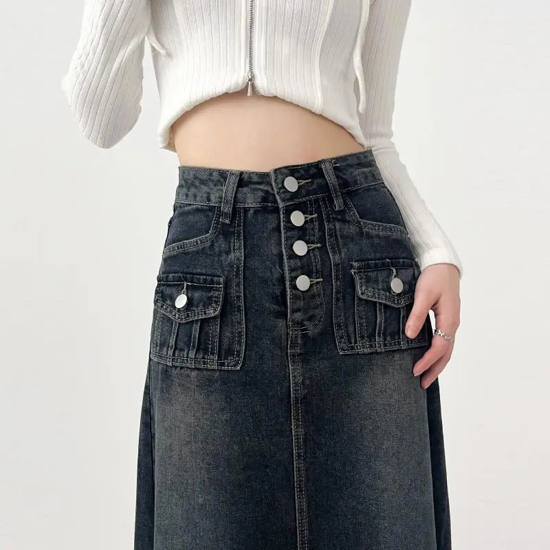 High-waisted Cargo Denim Skirt Women's Autumn Long A-line Mid-length Skirt Retro Raw Edge Y2k Female Clothing Korean Style