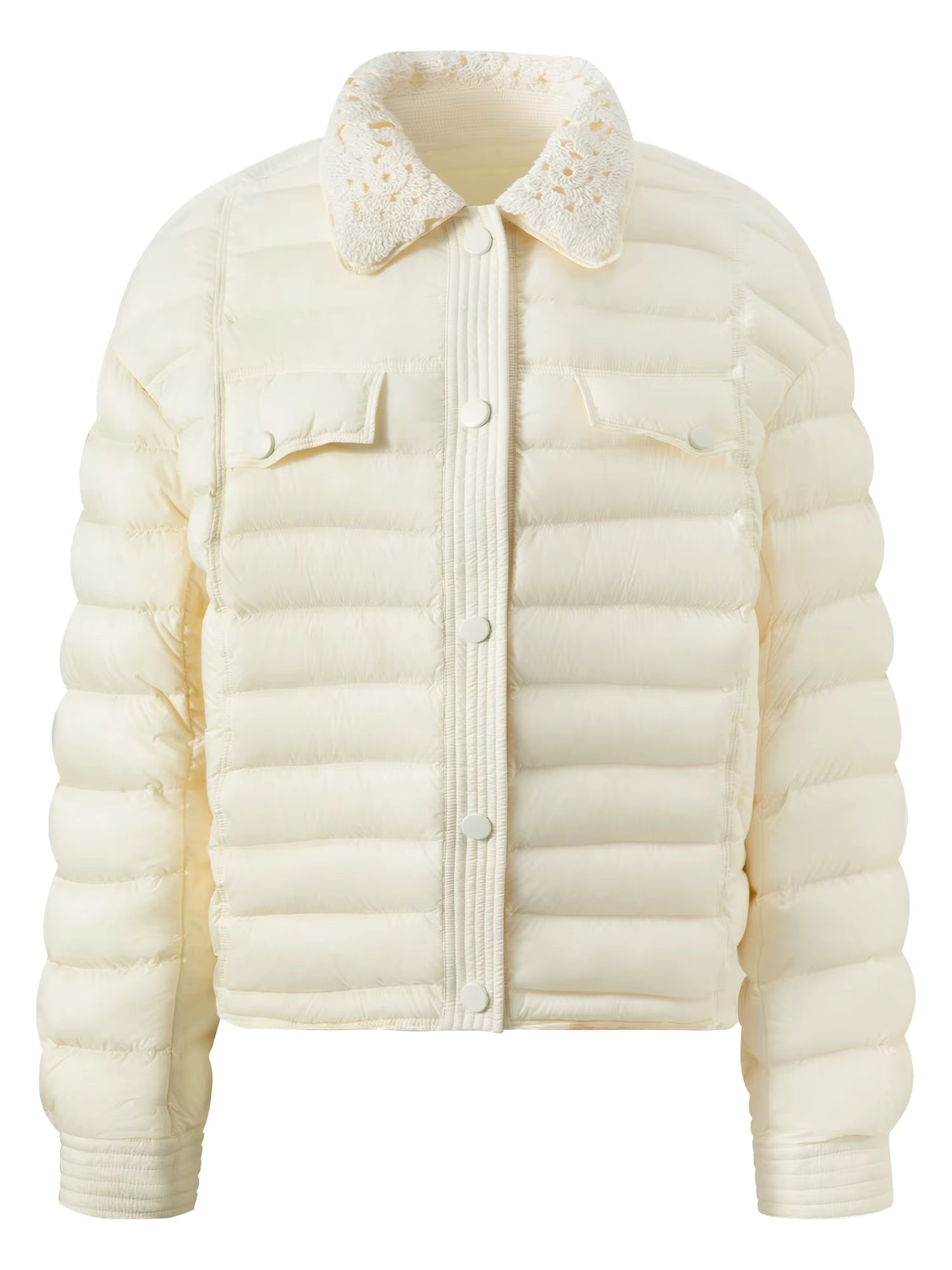 New Arrival Winter Women's Lightweight Short Ivory Down Coat With Lace Panel Collar Warm Padded Coat Outerwear Jacket