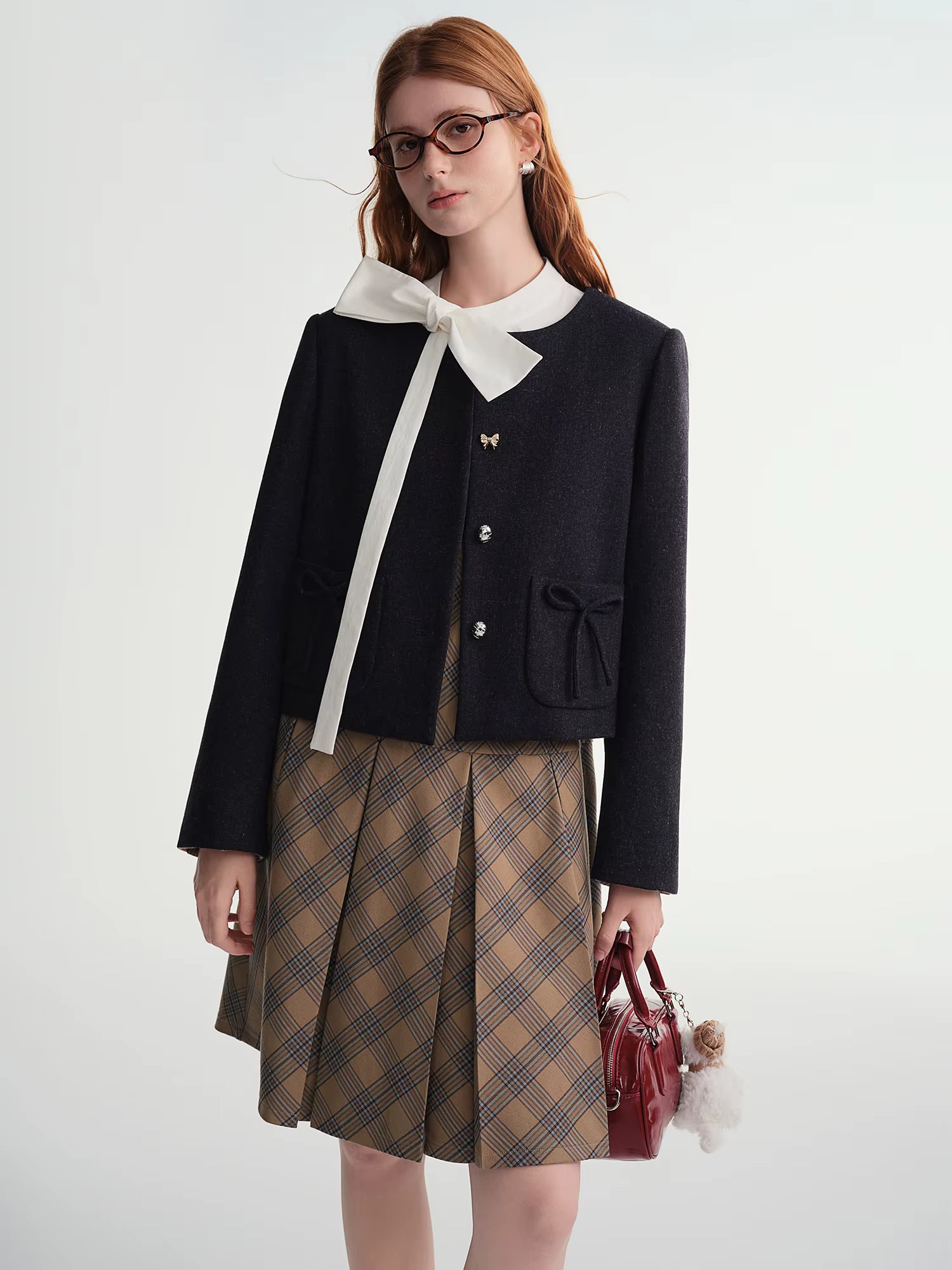 Women's Black Wool Short Blazer With Bow Detail Structured Shoulder Slimming Cropped Jacket Top Elegant Boutique Style