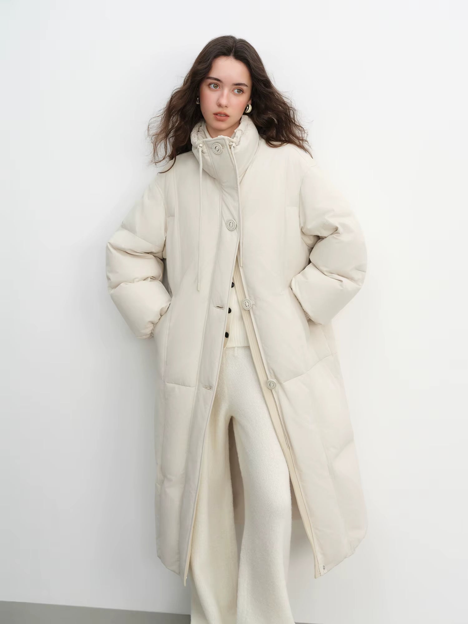 Winter Women Mid-Length Puffer Downcoat with Stand Collar Korean Style Slouchy Down Jacket Loose Fit Warm Soft Outerwear