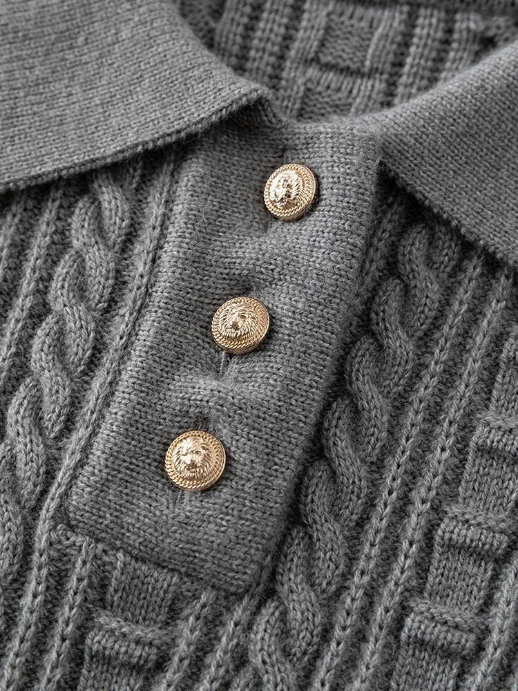 DUSHU 9.4% Wool Polo Neck Front Shoulder Women Dark Grey Winter Short Pullovers Three Mental Button Design Female Sweater