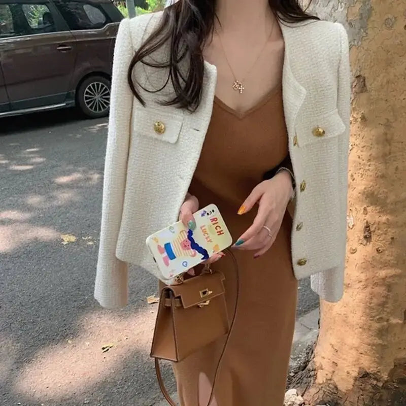 QWEEK Korean Tweed Jackets Women Oversized Single Breasted Woolen Short Coats 2023 New Autumn Spring Vintage Outerwear Crop Top