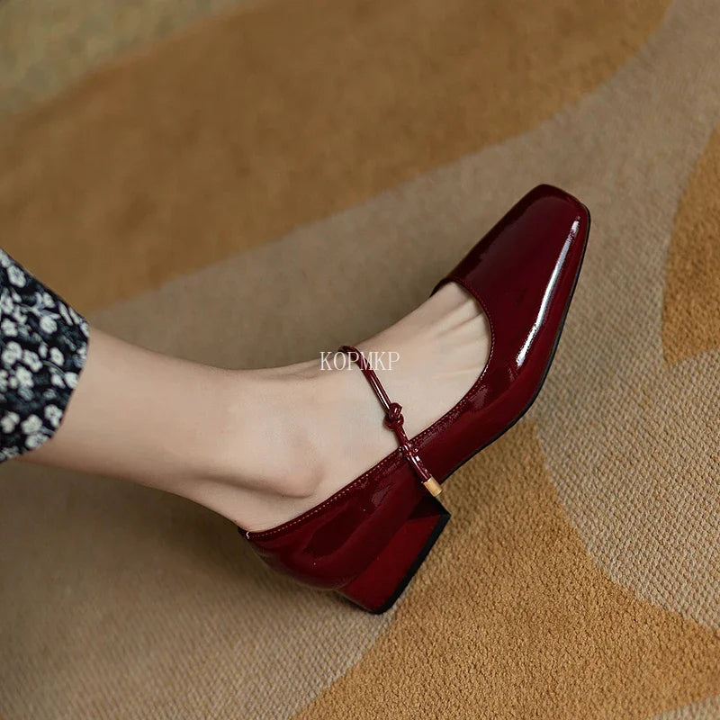 2024 New Square-toe Leather Shoes Red Mary Janes Shoes Women'S Shallow Mouth Casual Low Chunky Heel Dress Shoes Zaptos Mujer