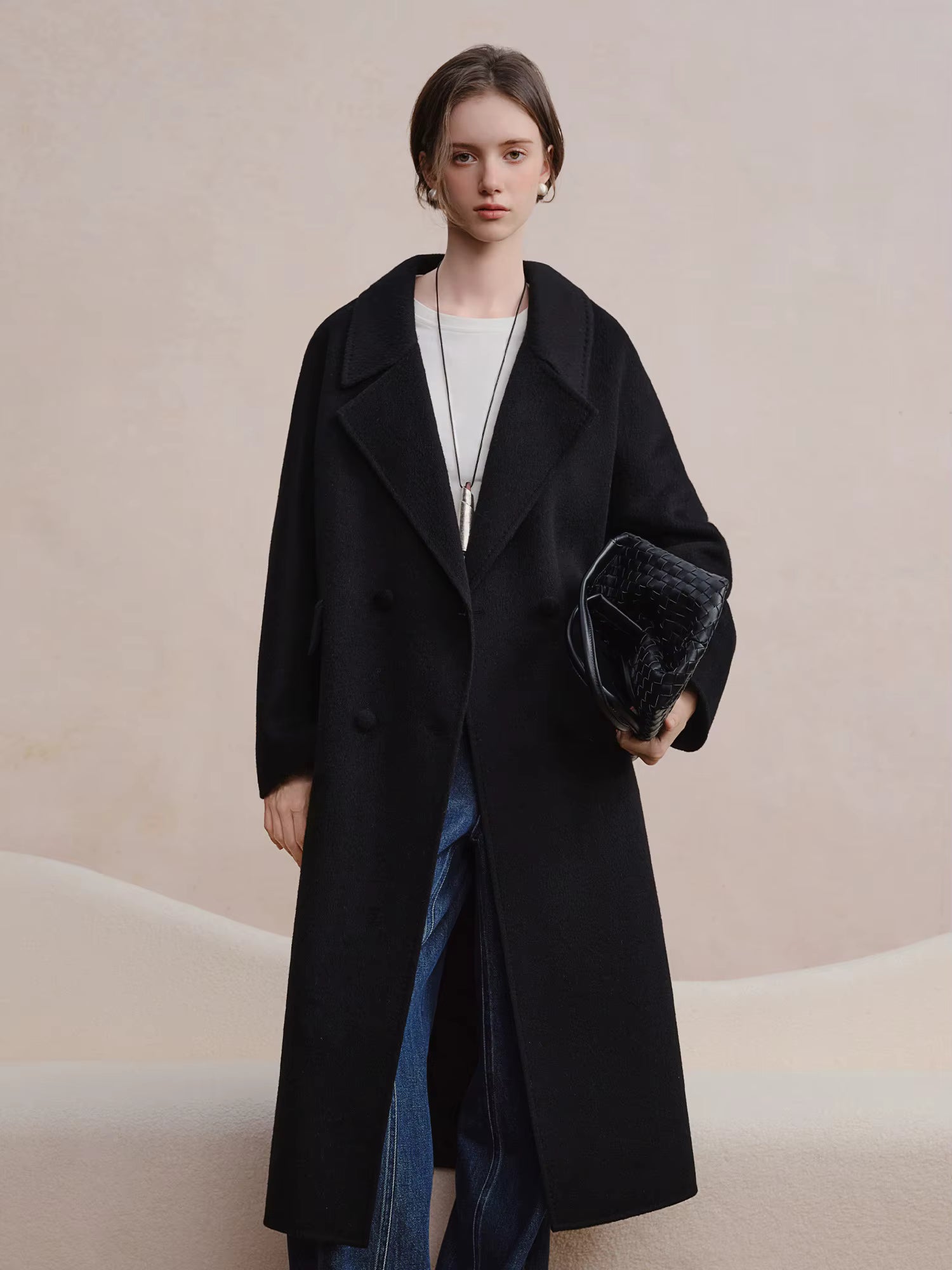 Double-breasted Cashmere Wool Coat Elegant Ladies Women Commuting Simple Temperament Mid-calf Length British Style