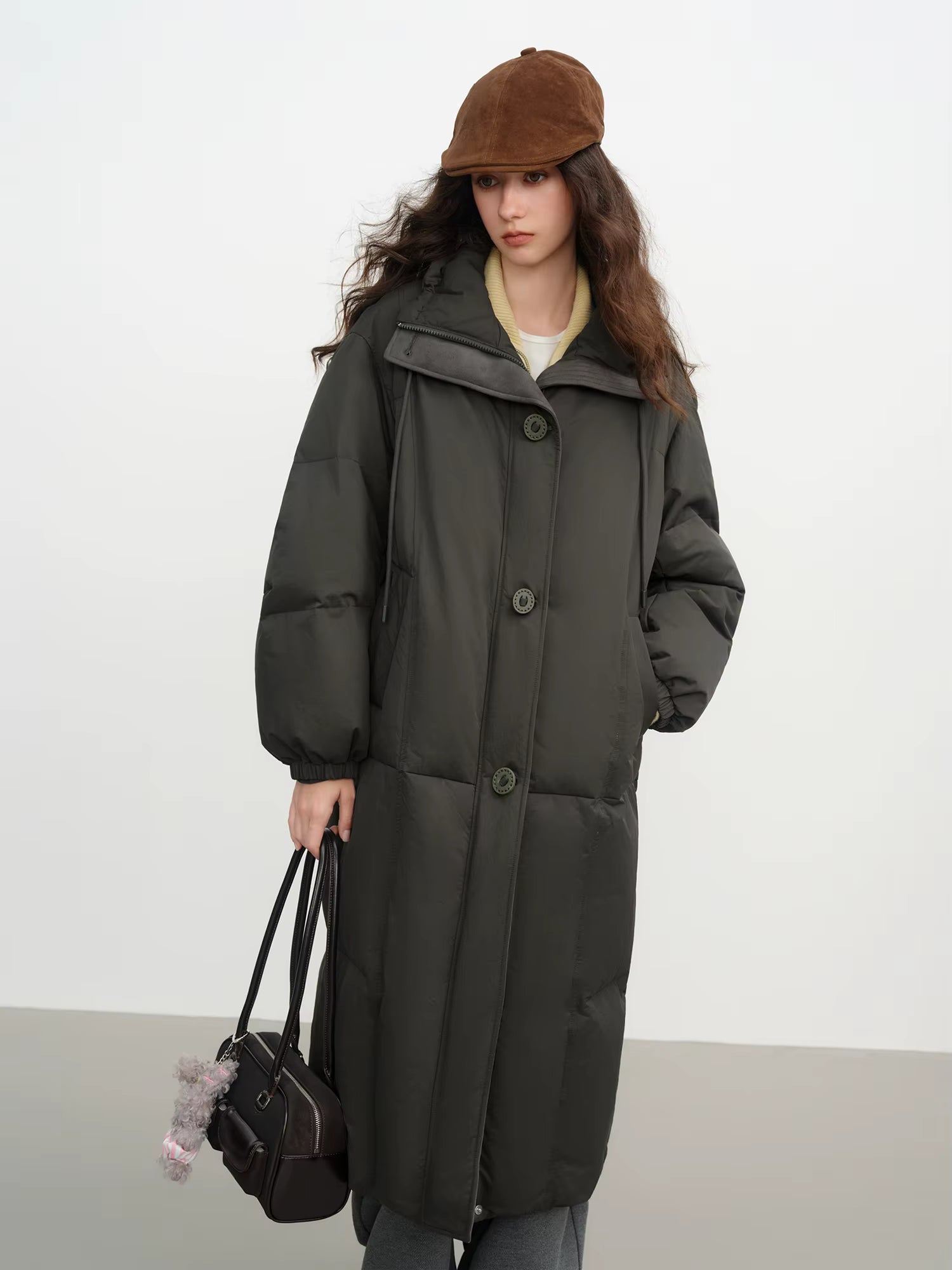 Winter Women Mid-Length Puffer Downcoat with Stand Collar Korean Style Slouchy Down Jacket Loose Fit Warm Soft Outerwear