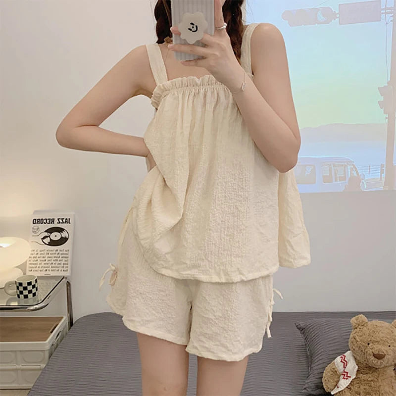 Pajama Sets Women Sleeveless Bow Summer Cool Sweet Sleepwear Princess Soft Comfortable Loungewear Tender Girlish Cozy Homewear