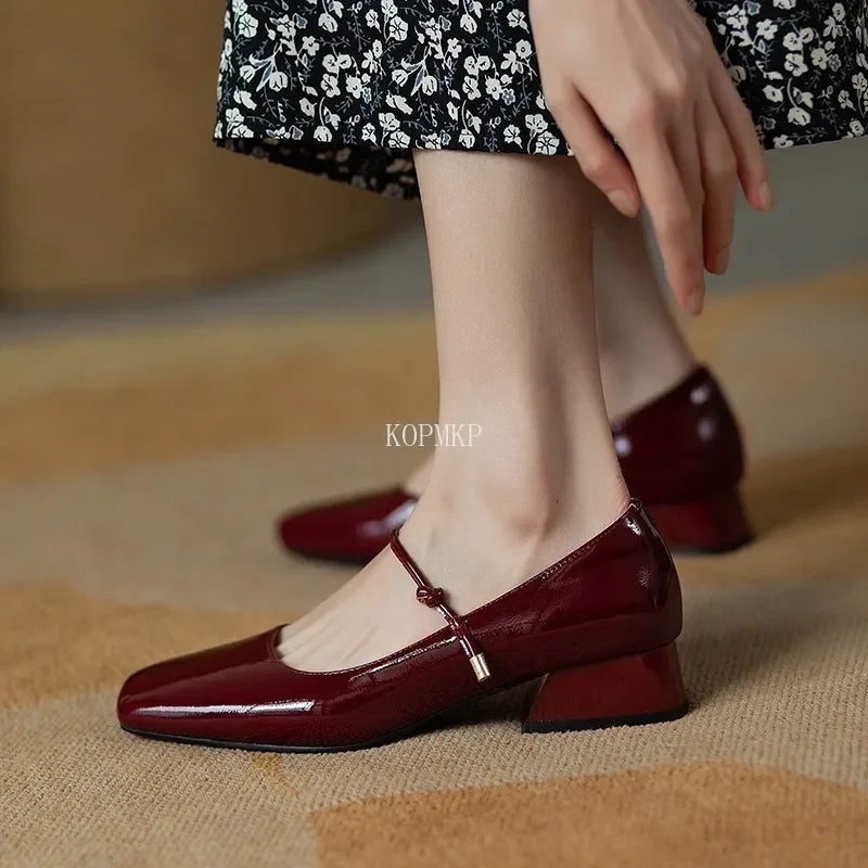 2024 New Square-toe Leather Shoes Red Mary Janes Shoes Women'S Shallow Mouth Casual Low Chunky Heel Dress Shoes Zaptos Mujer