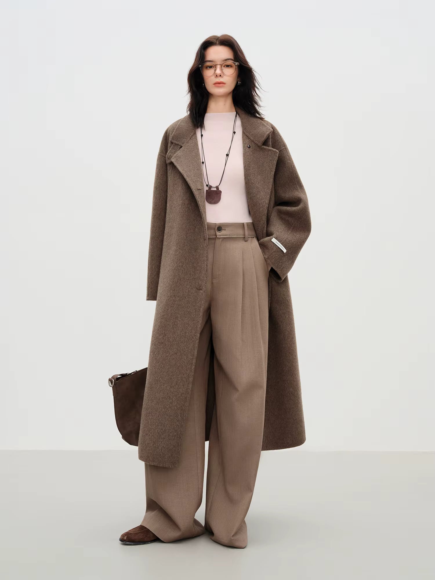 2025 New Women's Elegant Stand Collar 100% Wool Double-Faced Long Coat Diamond-Shaped Tailoring Autumn Winter Outerwear