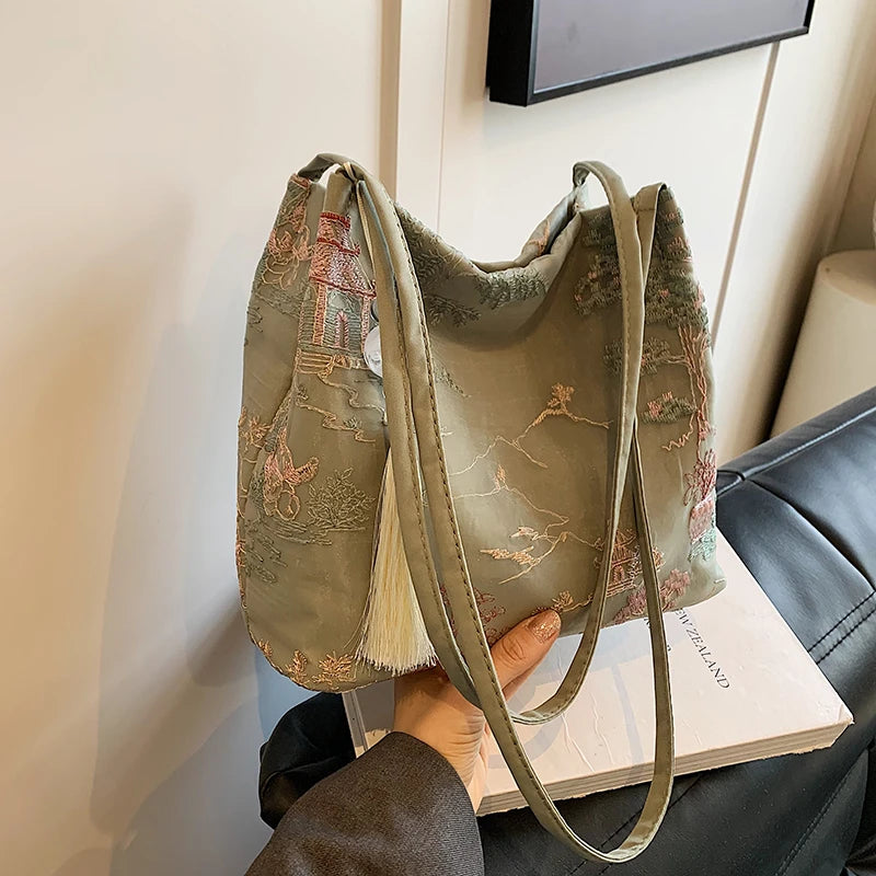 New Chinese Style Retro Bag2024 New Models Silk Jacquard Fashionable Minimalist Bag Single Shoulder Diagonal Cross Women's Bag