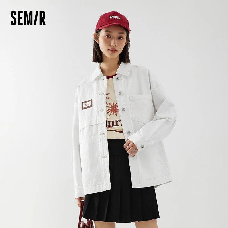 Semir Denim Jacket Women Mid-Length Lapel Fashion Autumn Loose Pure Cotton Jacquard Minority Jacket