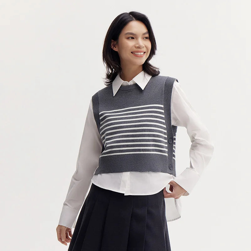 Semir Sweater Women Striped Vest Solid Color Shirt 2024 Autumn New Loose Two-Piece Pullover Sweater