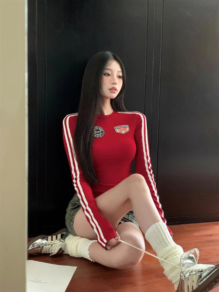ADAgirl Vintage Embroidery Red T-shirt for Women Sporty Striped Long Sleeve Tee American Retro Y2k Tight Top Sexy Girl Clothes