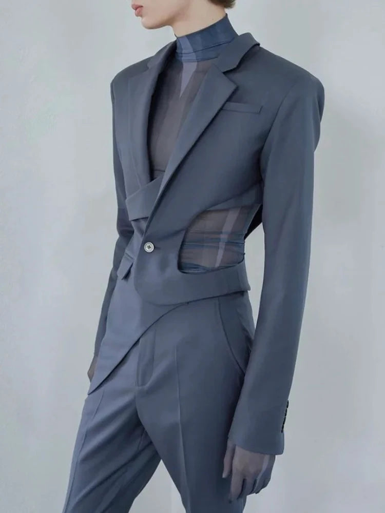 VGH Solid Hollow Out Casual Irregular Blazers For Women Notched Collar Long Sleeve Spliced Button Temperament Blazer Female New