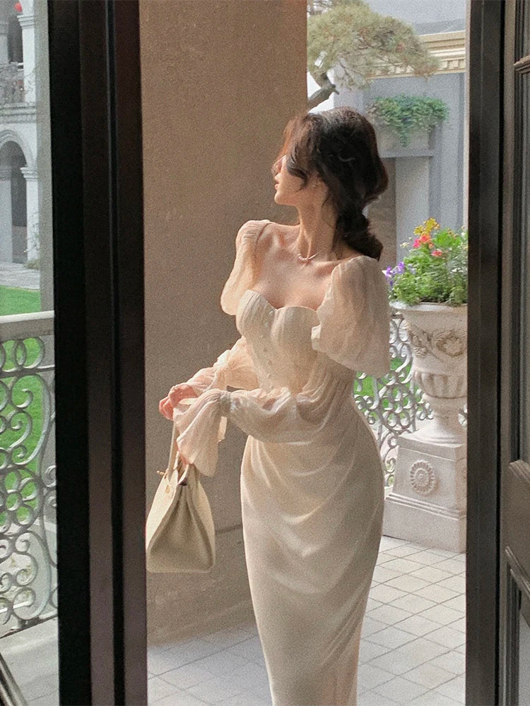 Vintage Women Fashion Elegant Puff Sleeve Midi Corset Maxi Dress