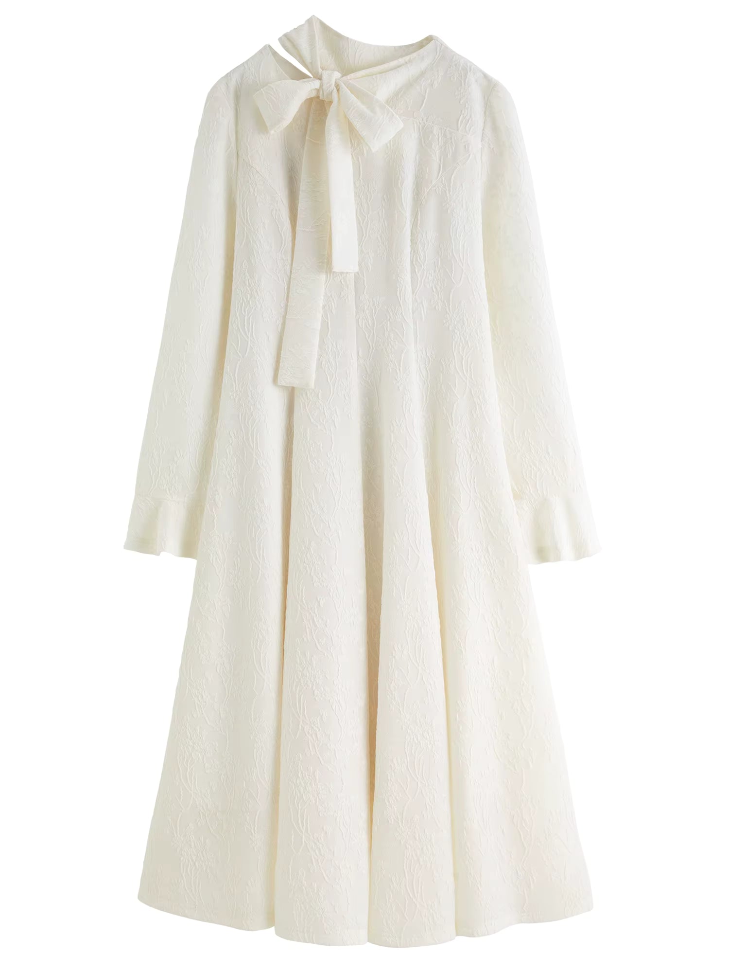 Embossed Textured Ribbon Beige Dress Women Plump Temperament Mid-calf French Style Long Sleeve Elegant Commuting Solid