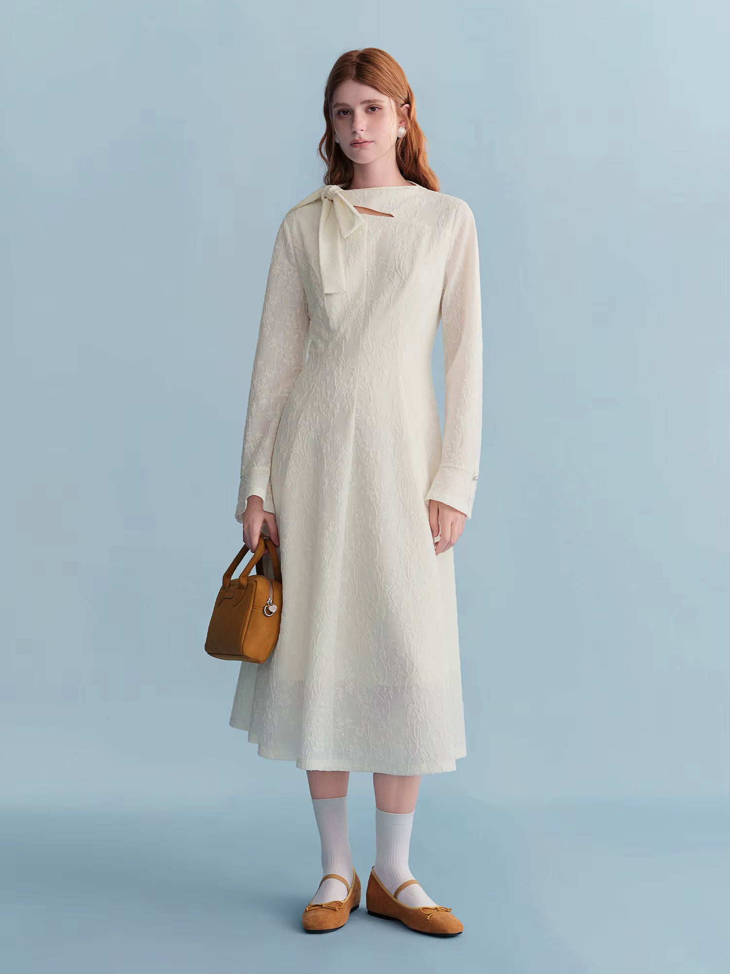 Embossed Textured Ribbon Beige Dress Women Plump Temperament Mid-calf French Style Long Sleeve Elegant Commuting Solid