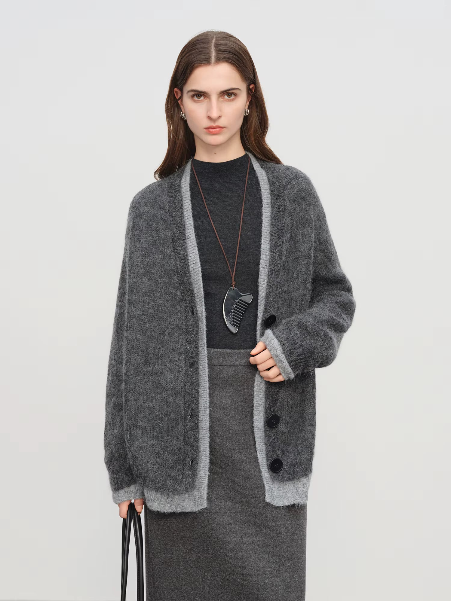 【Premium Series】Autumn Winter Women Mohair Wool Blend Knit Cardigan Color Block V Neck Chic Open Front Sweater Coat Casual